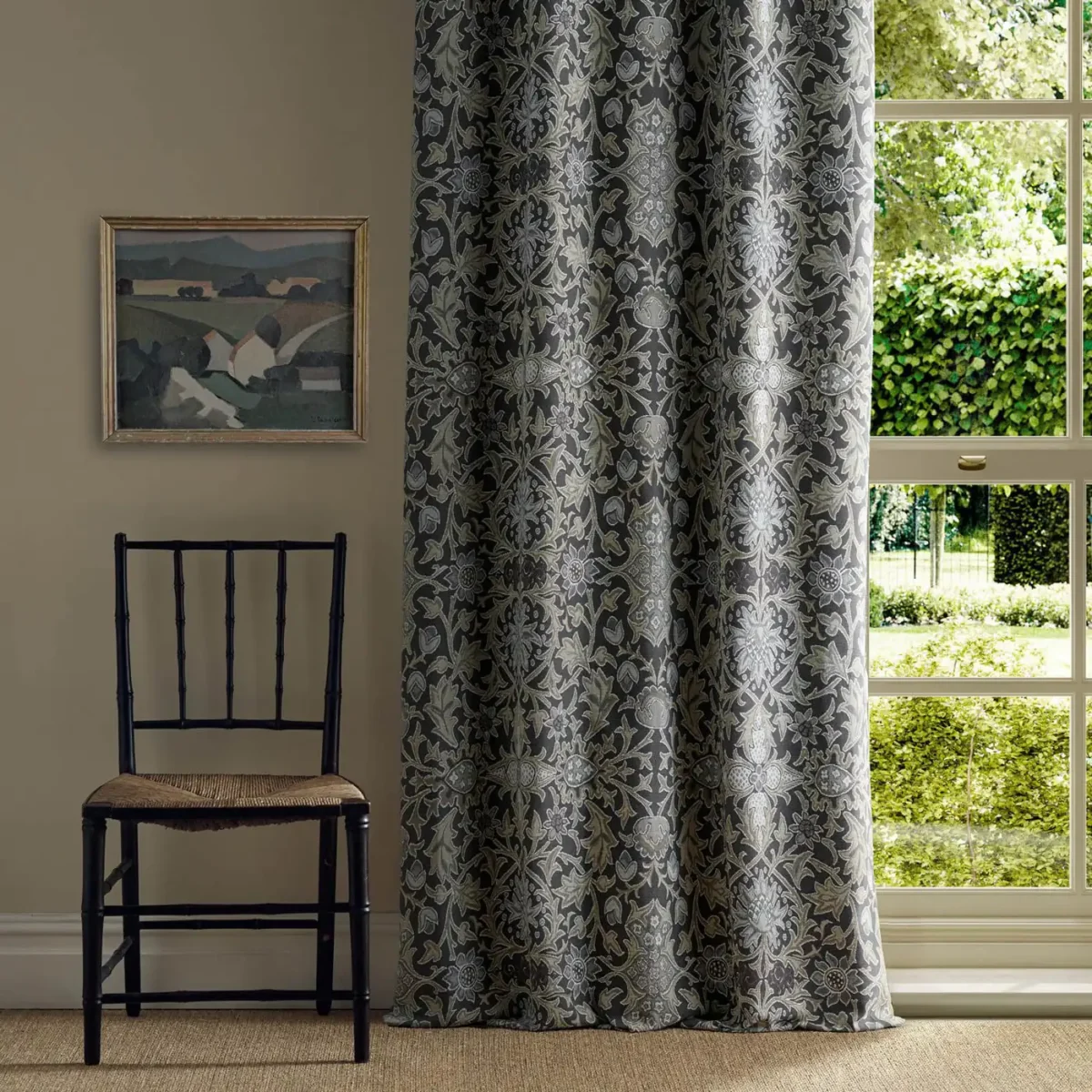 Wilton Weave Fabric - Slate by brown botanical curtain with cushion and sofa