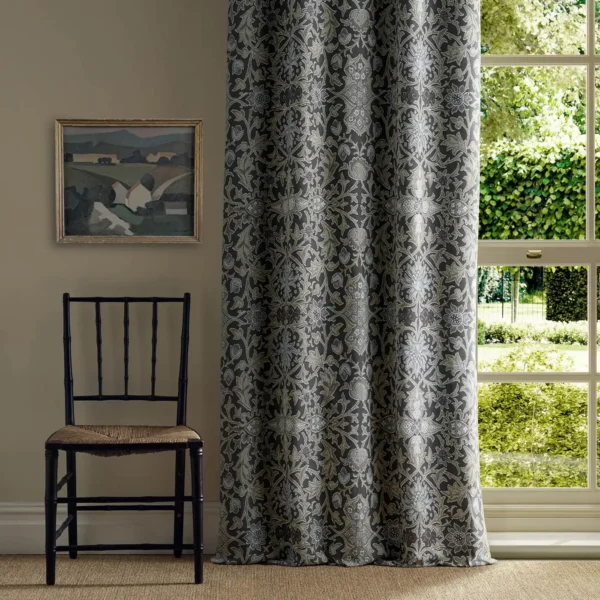 Wilton Weave Fabric - Slate by brown botanical curtain with cushion and sofa