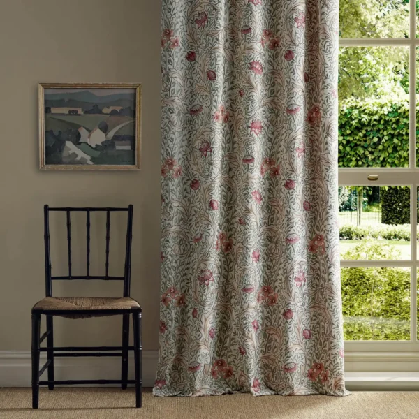 Wild Tulip & Vine Embroidery Fabric - Rose / Bayleaf by red botanical curtain with window and chair
