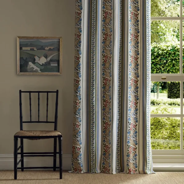 pink botanical curtain with window and chair
