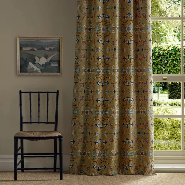 Persian Scroll Embroidery Fabric - Ochre by yellow botanical curtain with window and chair