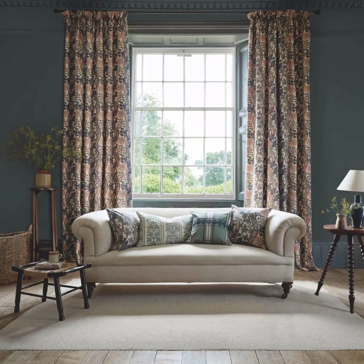 Cornflower Embroidery Fabric - Woad / Forest by green botanical curtain with cushion and sofa