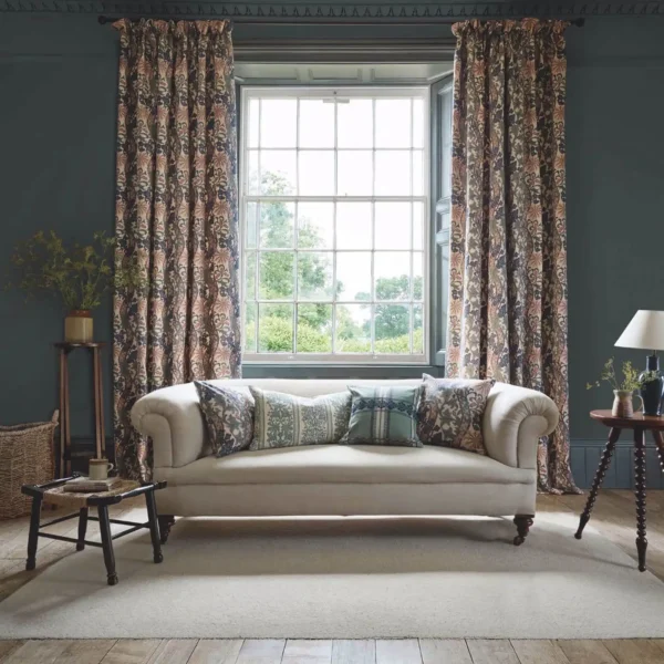 Cornflower Embroidery Fabric - Woad / Forest by green botanical curtain with cushion and sofa