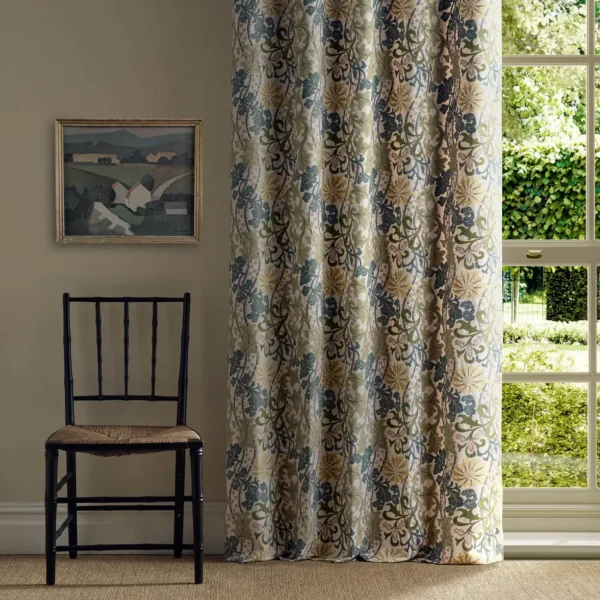 Cornflower Embroidery Fabric - Lemon / Nettle by blue botanical curtain with window and chair
