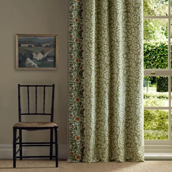 Chamomile Embroidery Fabric - Forest by green botanical curtain with window and chair