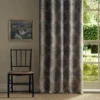 red botanical curtain with window and chair