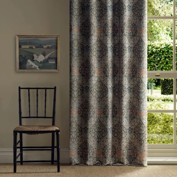 Norbury Weave Fabric - Tobacco / Russet by red botanical curtain with window and chair