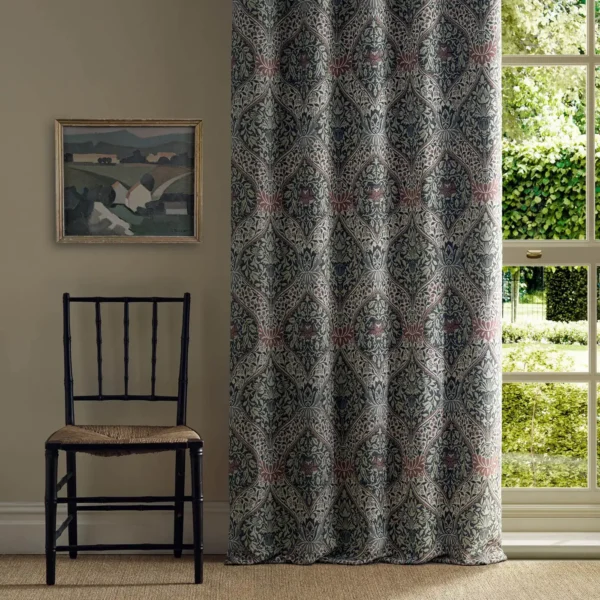 Norbury Weave Fabric - Slate / Plum by orange botanical curtain with window and chair