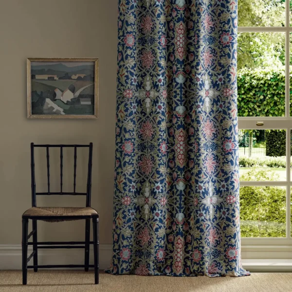 Wilton Weave Fabric - Indigo by blue botanical curtain with window and chair