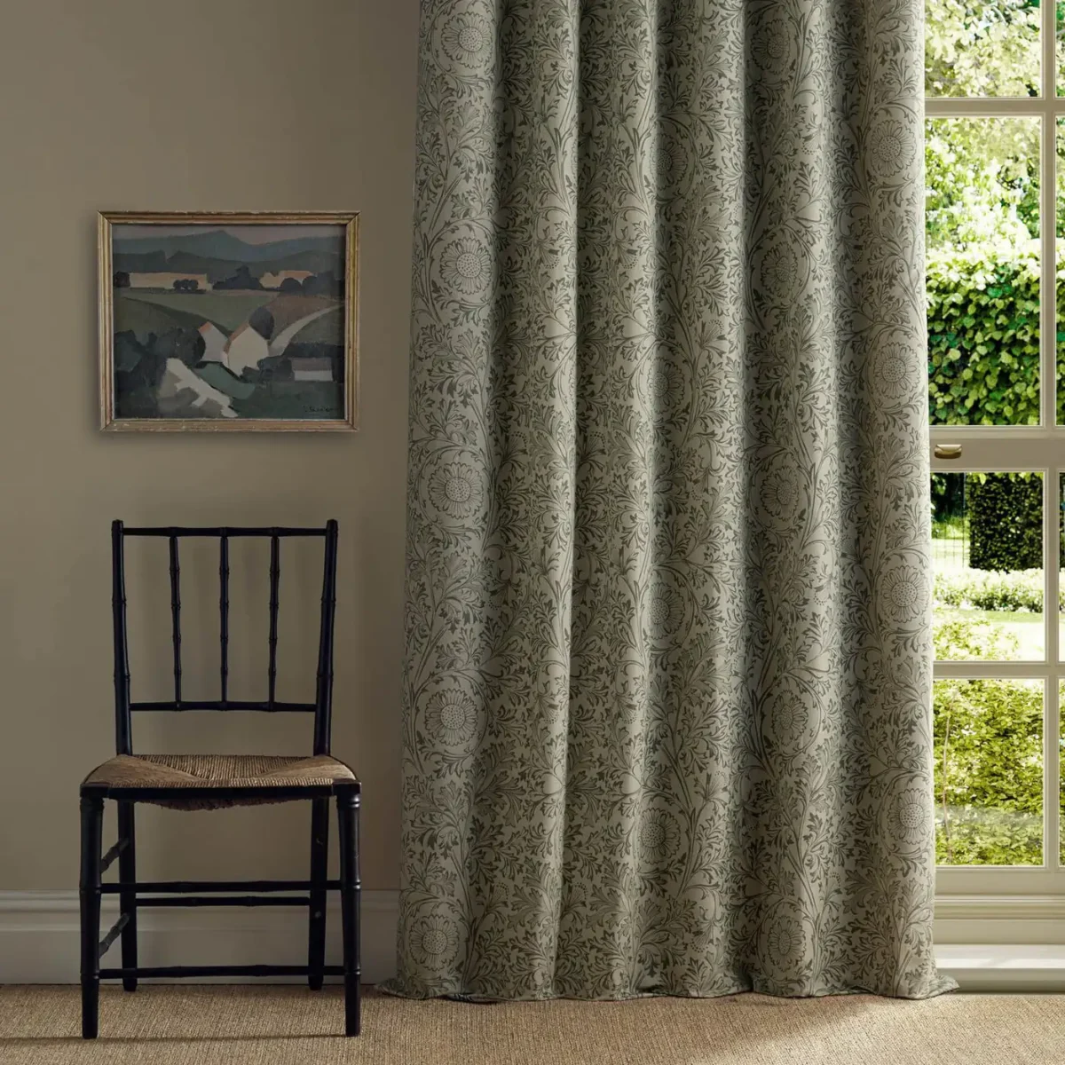 Chamomile Fabric - Bayleaf by green botanical curtain with window and chair