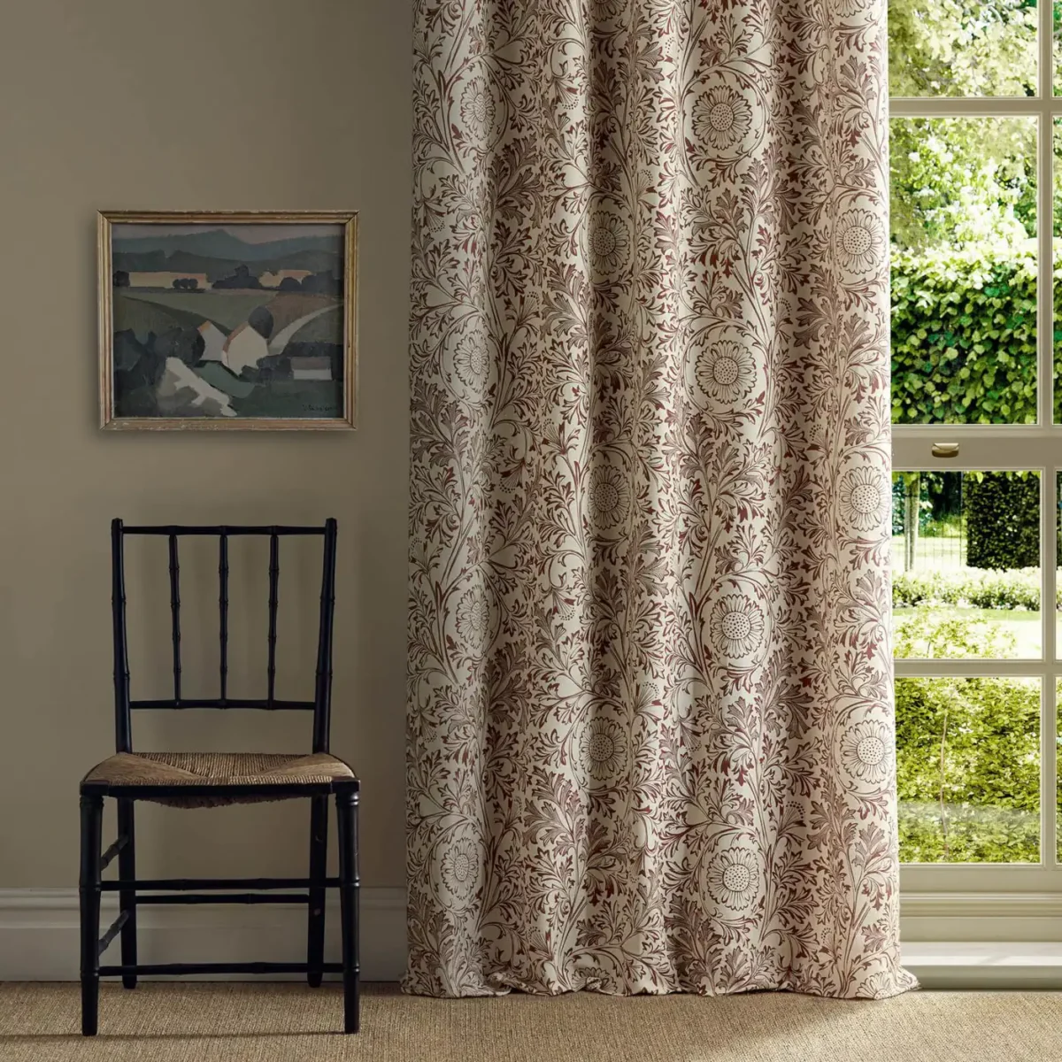 red botanical curtain with window and chair