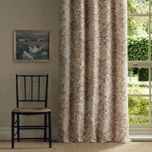red botanical curtain with window and chair