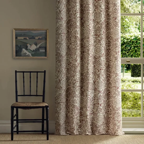 Chamomile Fabric - Russet by red botanical curtain with window and chair