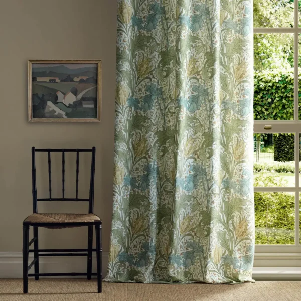 Lent Lily Fabric - Lemon Balm by green botanical curtain with window and chair