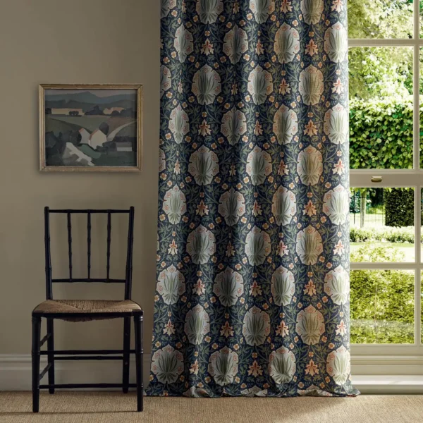 Iris & Rose Fabric - Indigo / Thyme by blue botanical curtain with window and chair