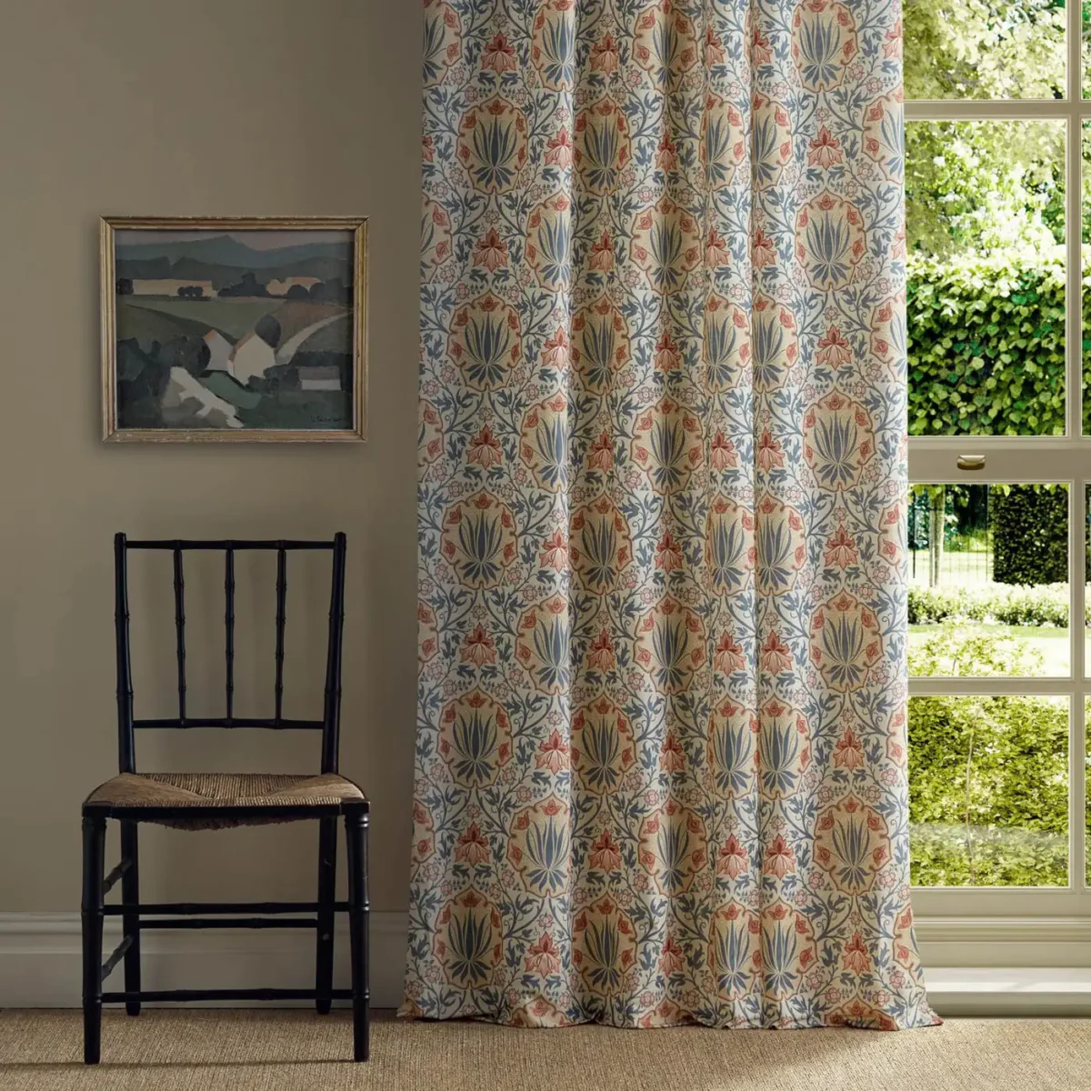 Iris & Rose Fabric - Indigo / Crimson by blue botanical curtain with window and chair
