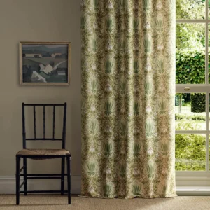 yellow botanical curtain with window and chair