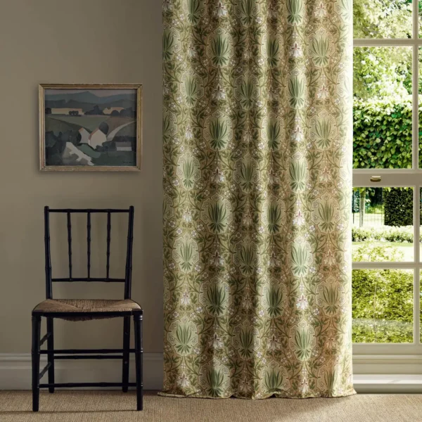 yellow botanical curtain with window and chair