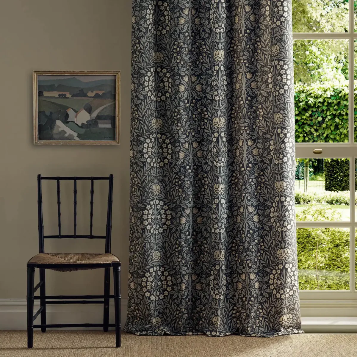 brown botanical curtain with window and chair