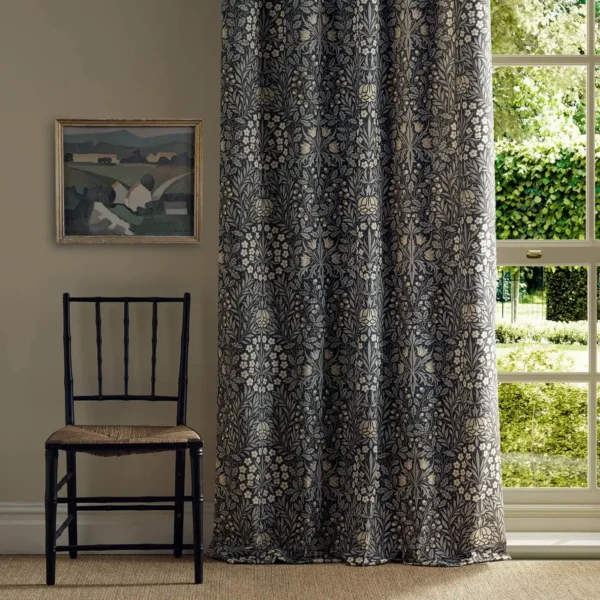 Daisy & Oak Fabric - Ink / Graphite by brown botanical curtain with window and chair
