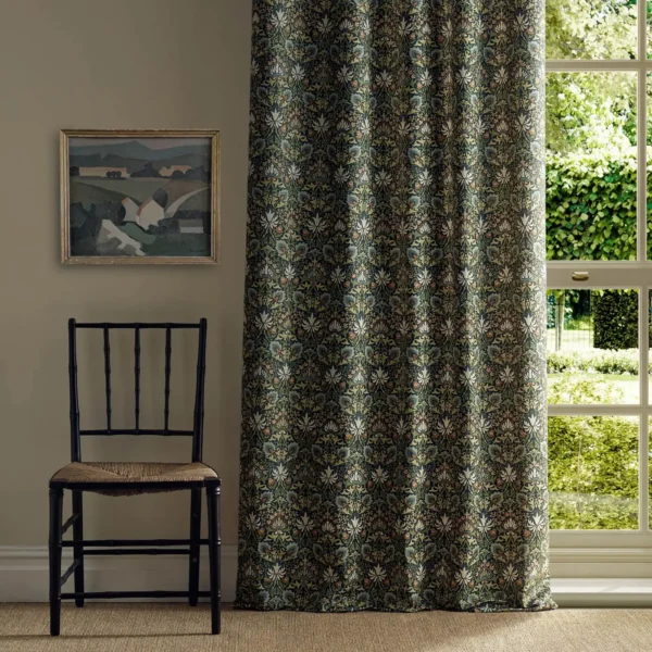 Meda Iris Fabric - Forest / Russet by green botanical curtain with window and chair