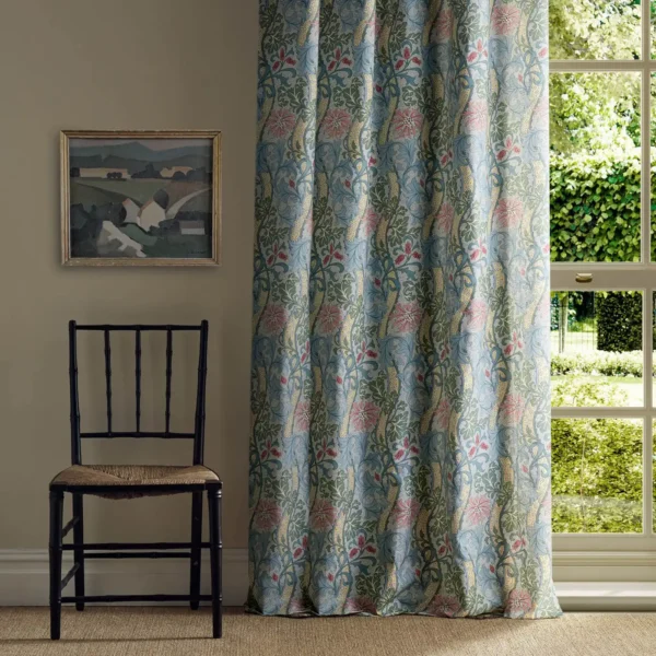 Cornflower Fabric - Rose / Woad by pink botanical curtain with window and chair