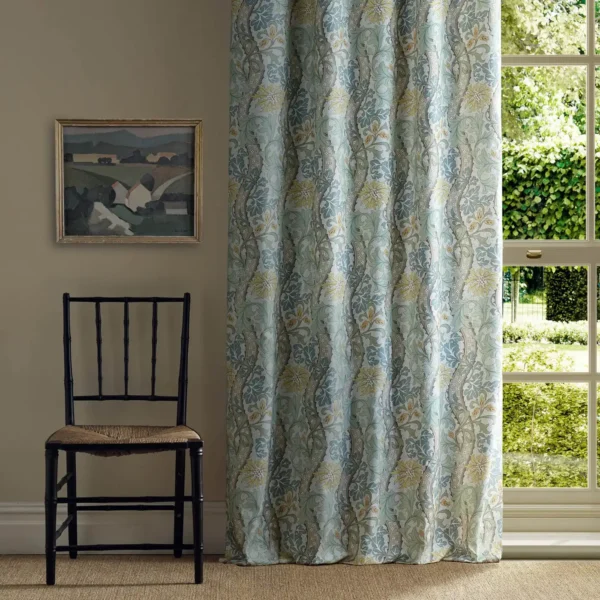 Cornflower Fabric - Lemon / Sage by yellow botanical curtain with window and chair