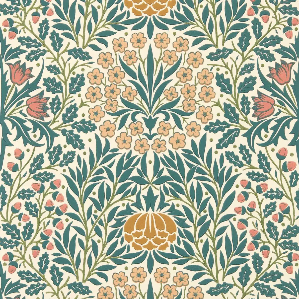 Daisy & Oak Wallpaper - Madder / Teal by yellow botanical wallpaper from william morris & co