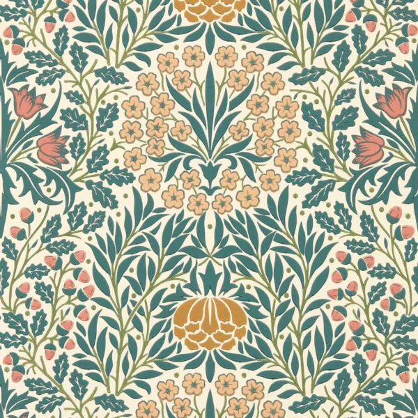 Daisy & Oak Wallpaper - Madder / Teal by yellow botanical wallpaper from william morris & co