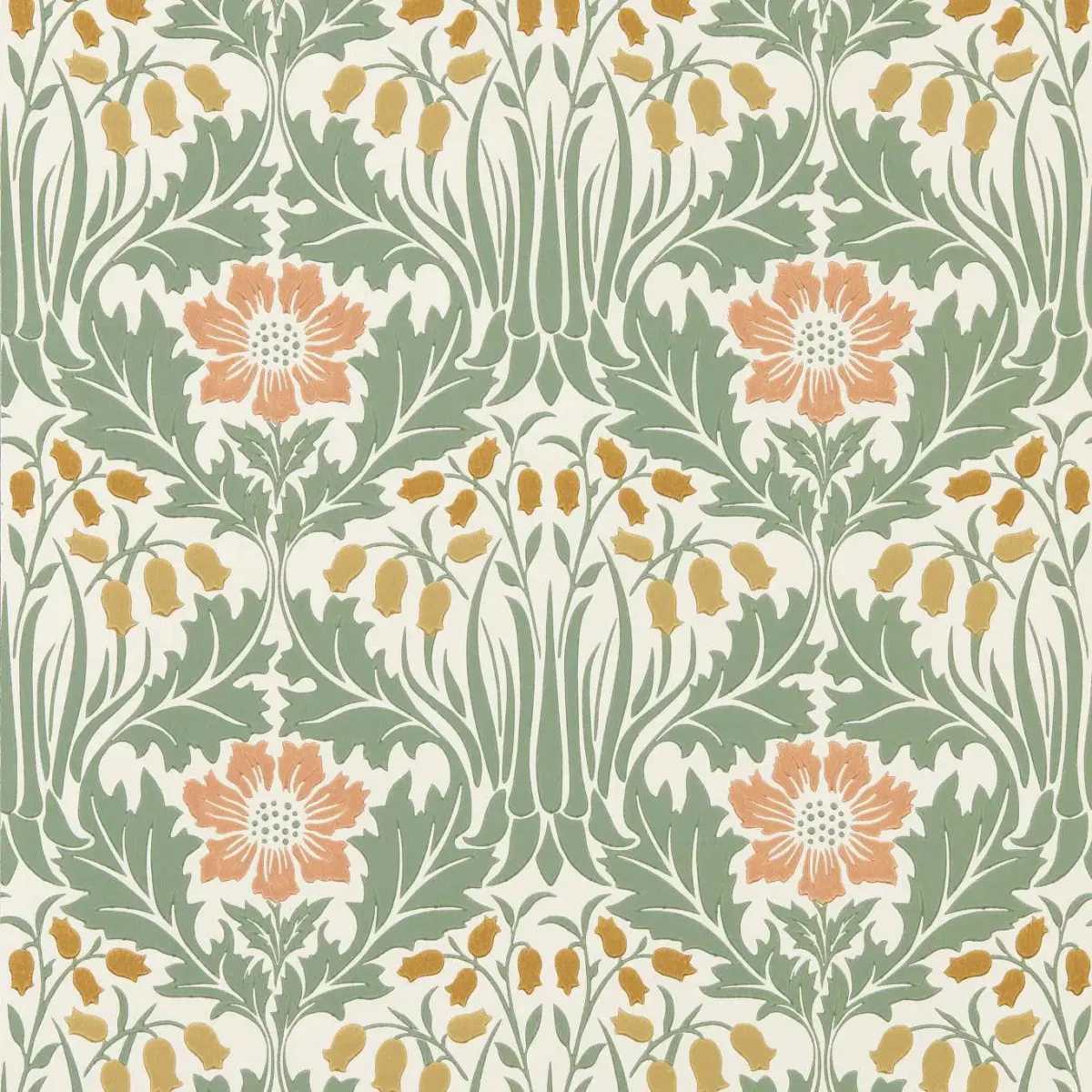 Woodbell & Anemone Wallpaper - Rose / Sage by green botanical wallpaper from william morris & co