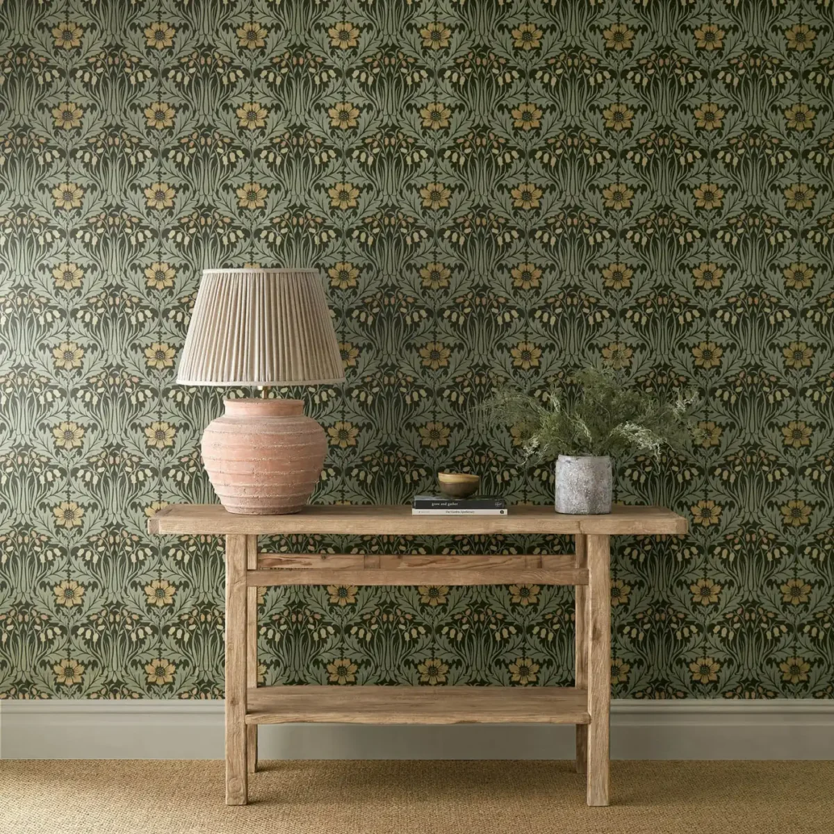 Woodbell & Anemone Wallpaper - Bayleaf / Manilla by green botanical wallpaper and wall with side table and vases