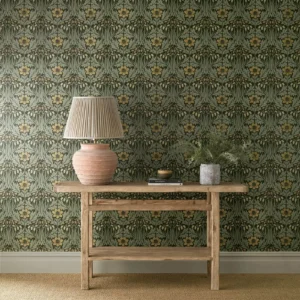 green botanical wallpaper and wall with side table and vases