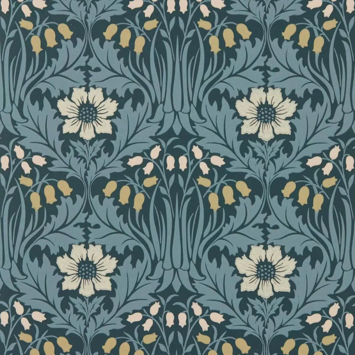 Woodbell & Anemone Wallpaper - Indigo by blue botanical wallpaper and wall with side table and vases