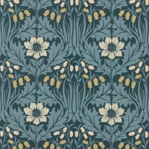 blue botanical wallpaper and wall with side table and vases