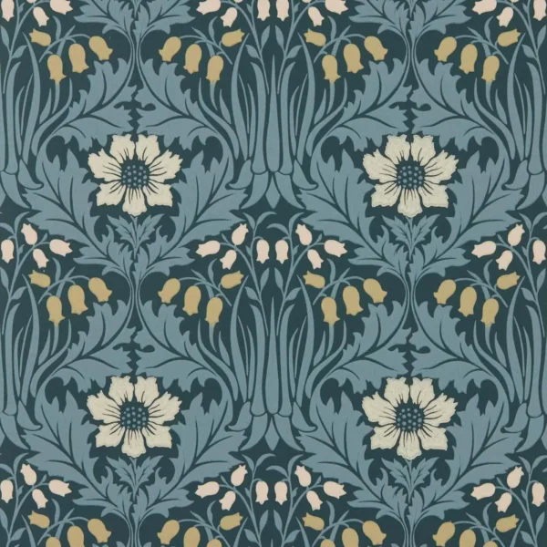 blue botanical wallpaper and wall with side table and vases