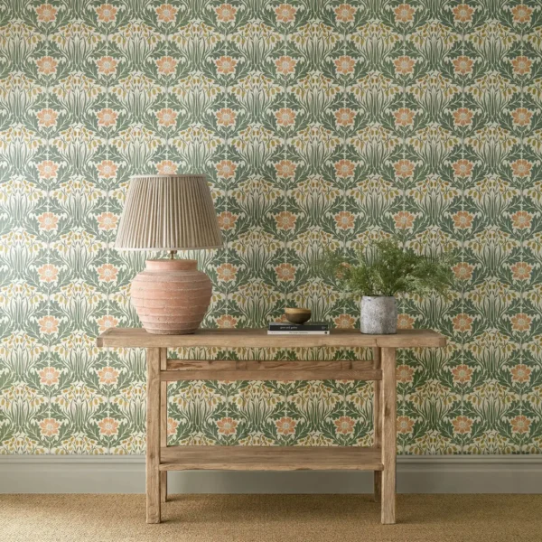 green botanical wallpaper and wall with side table and vases