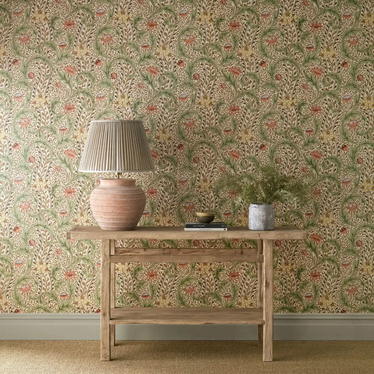 Wild Tulip & Vine Wallpaper - Rose / Linen by yellow botanical wallpaper and wall with side table and vases