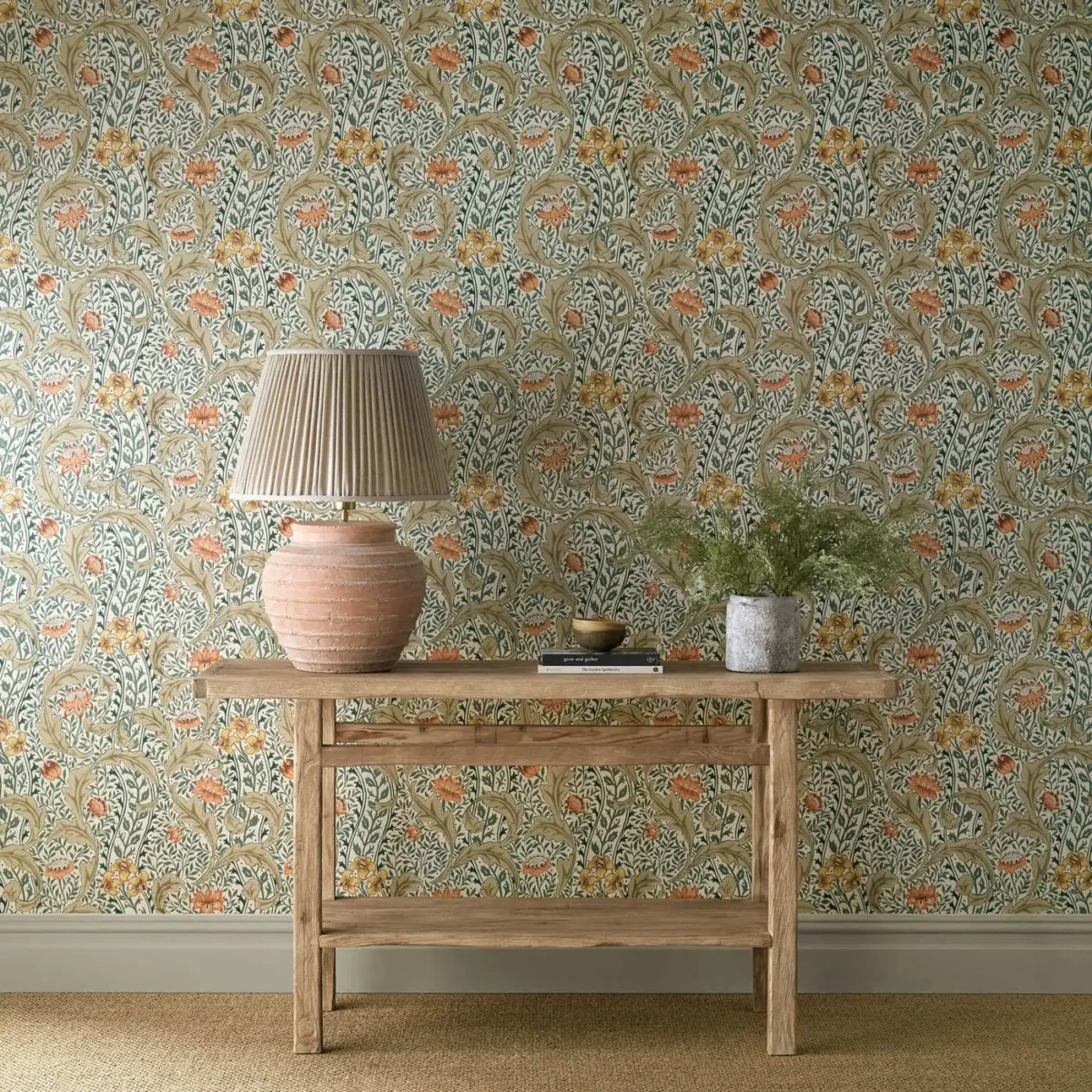 Wild Tulip & Vine Wallpaper - Coral / Teal by multicolour botanical wallpaper and wall with side table and vases