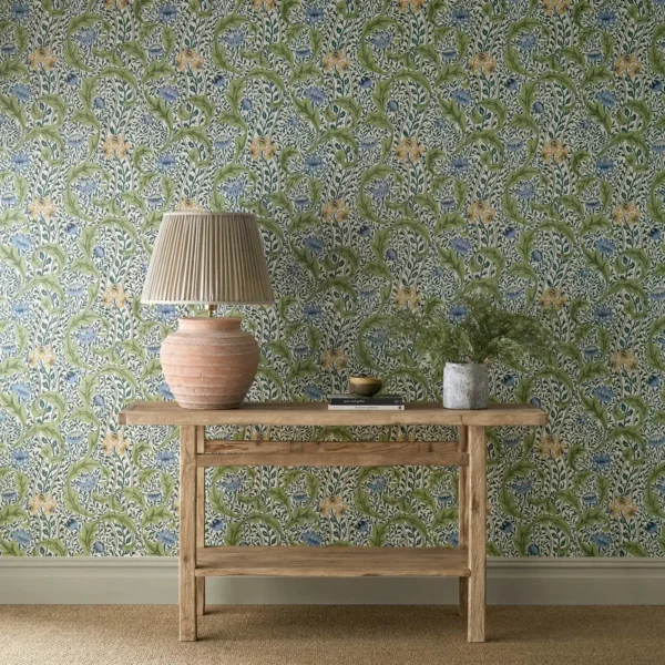 Wild Tulip & Vine Wallpaper - Nettle / Woad by green botanical wallpaper and wall with side table and vases