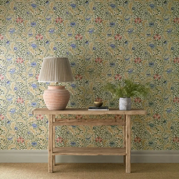 Wild Tulip & Vine Wallpaper - Multi by multicolour botanical wallpaper and wall with side table and vases