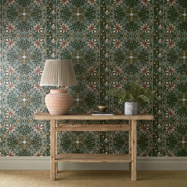 Walthamstow Wallpaper - Forest / Teal by green botanical wallpaper and wall with side table and vases