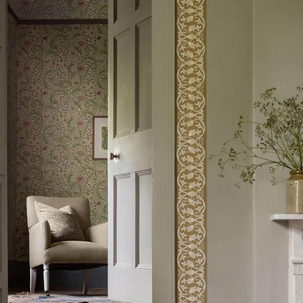 St Johns Border - Sussex Rush by yellow botanical wallpaper and wall with chair and door