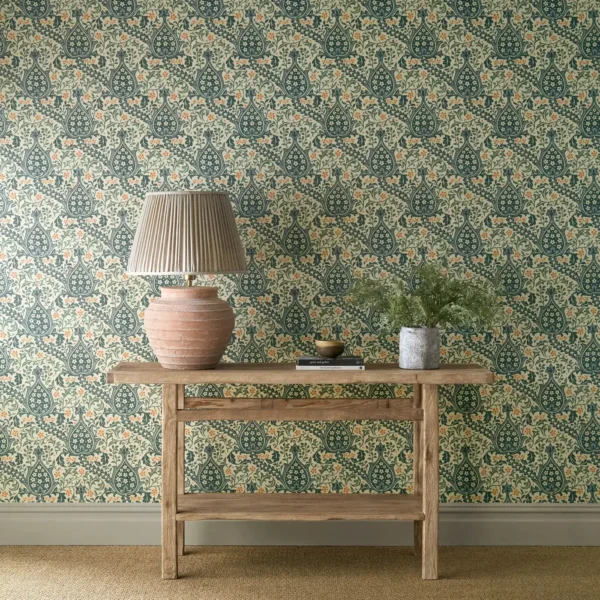 Persian Tulip Wallpaper - Teal by blue botanical wallpaper and wall with side table and vases