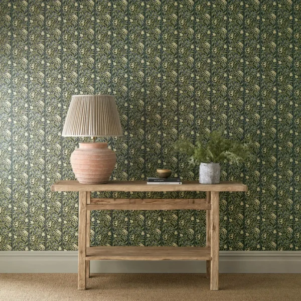Peony Trellis Wallpaper - Sage by green botanical wallpaper and wall with side table and vases