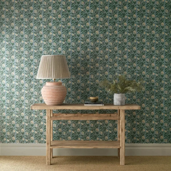 Peony Trellis Wallpaper - Soft Blue / Nettle by blue botanical wallpaper and wall with side table and vases