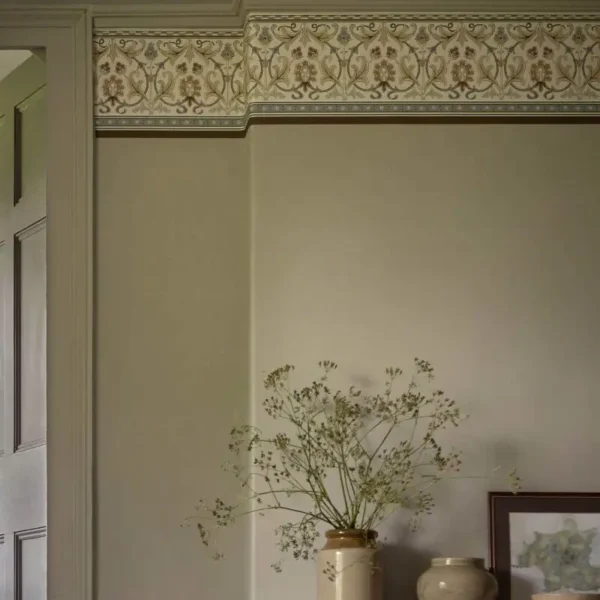 Ornamental Frieze Border - Linen / Woad by neutral botanical wallpaper and wall with vases and door