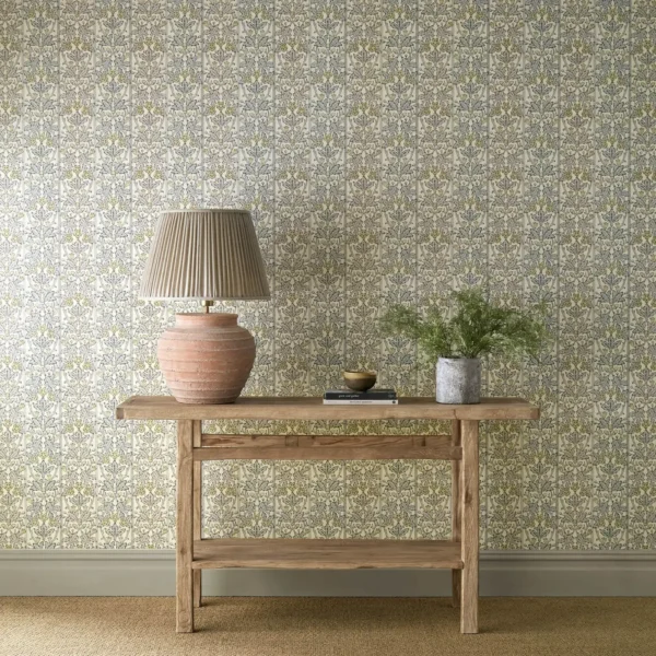Oak & Blossom Wallpaper - Mineral Blue / Linen by blue botanical wallpaper and wall with side table and vases