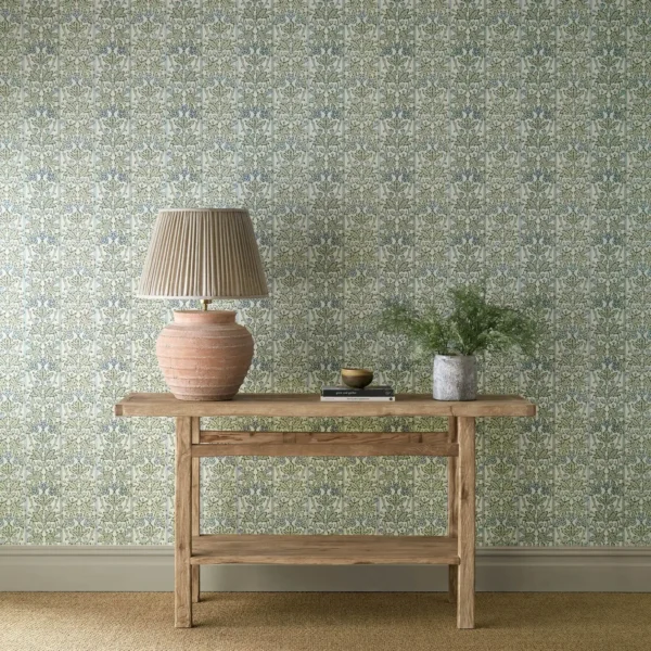 Oak & Blossom Wallpaper - Thyme / Woad by blue botanical wallpaper and wall with side table and vases