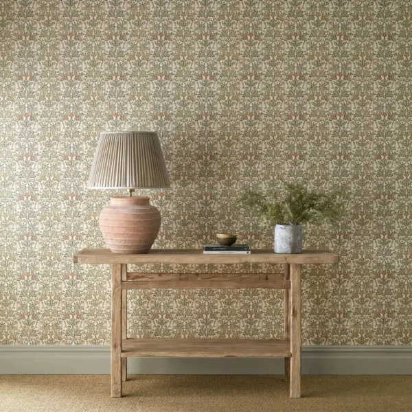 Oak & Blossom Wallpaper - Chestnut / Primrose by green botanical wallpaper and wall with side table and vases