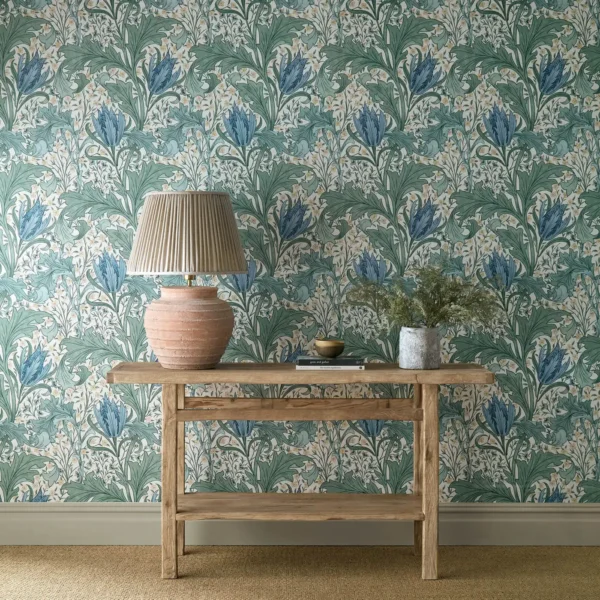 Lent Lily Wallpaper - Cornflower Blue by blue botanical wallpaper and wall with side table and vases